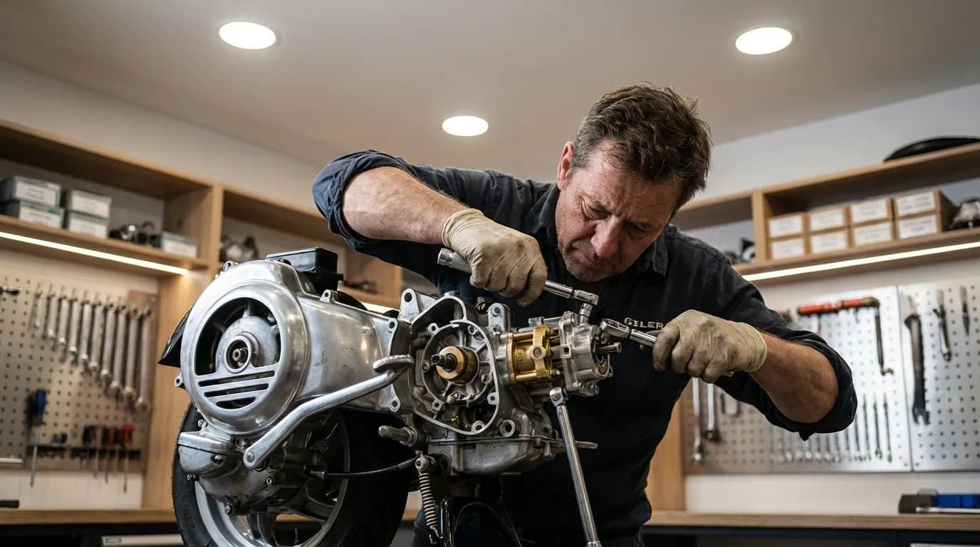 Un propriétaire passionné restaurant avec soin un scooter Gilera Runner 180 dans un atelier, illustrant la possession légale et l'entretien du véhicule.