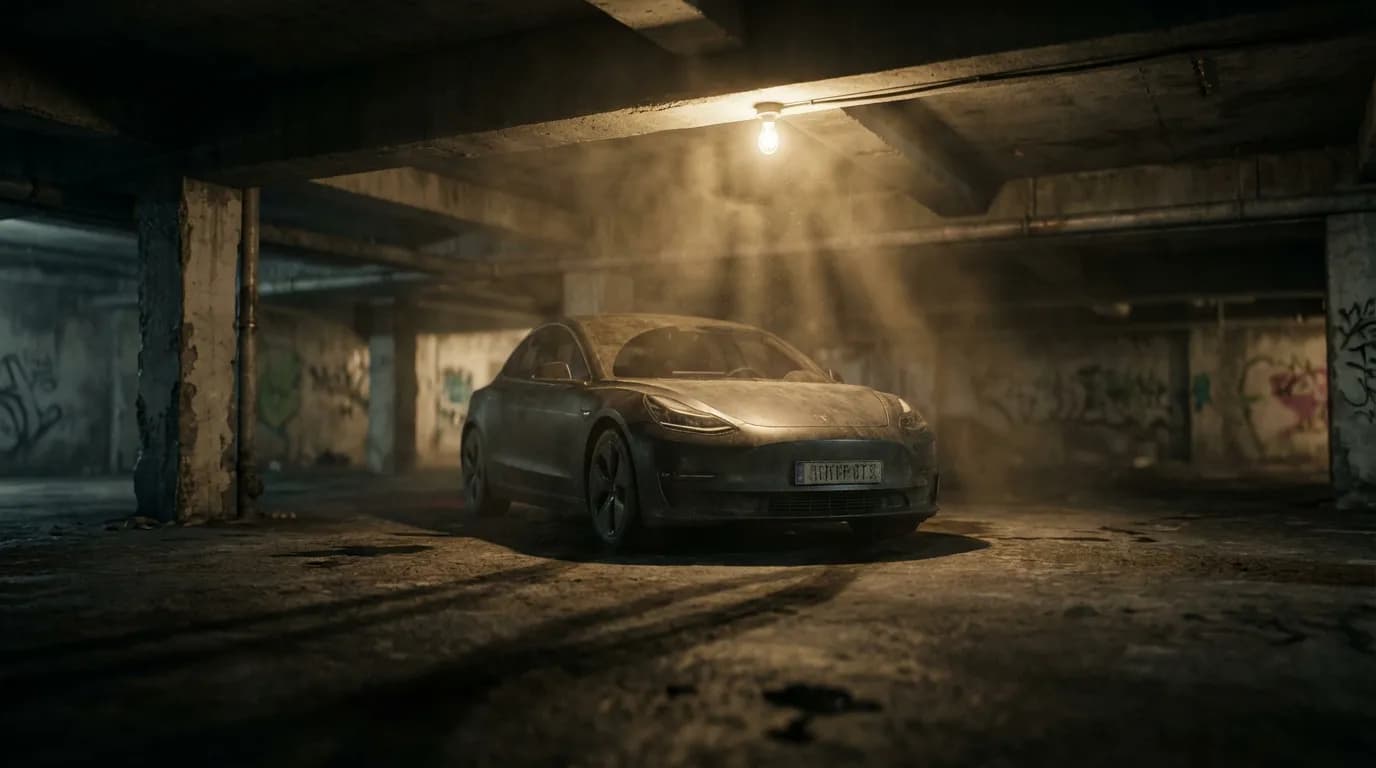 Voiture seule dans un parking souterrain sombre et inquiétant, symbolisant les dangers et l'illégalité du contrôle technique au black.