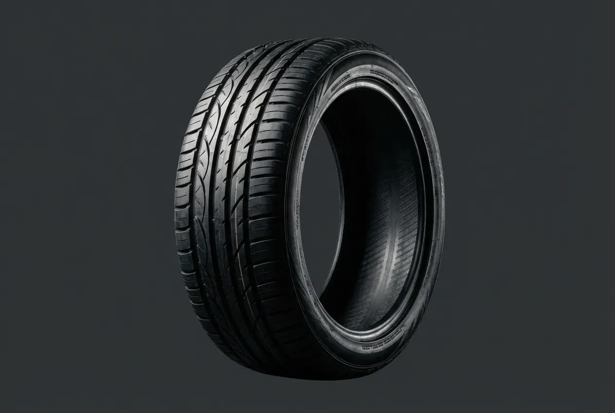 Miniature d'un pneu Sunny neuf photographié en studio avec un éclairage de fort contraste qui met en valeur la texture de la gomme.