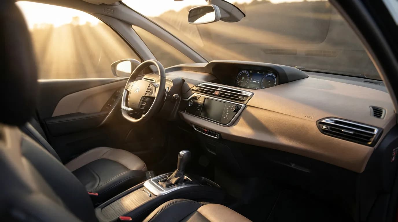 Vue cinématique de l'intérieur d'un Citroën C4 Picasso 2 au coucher du soleil, mettant en avant le tableau de bord design et l'ambiance de conduite.