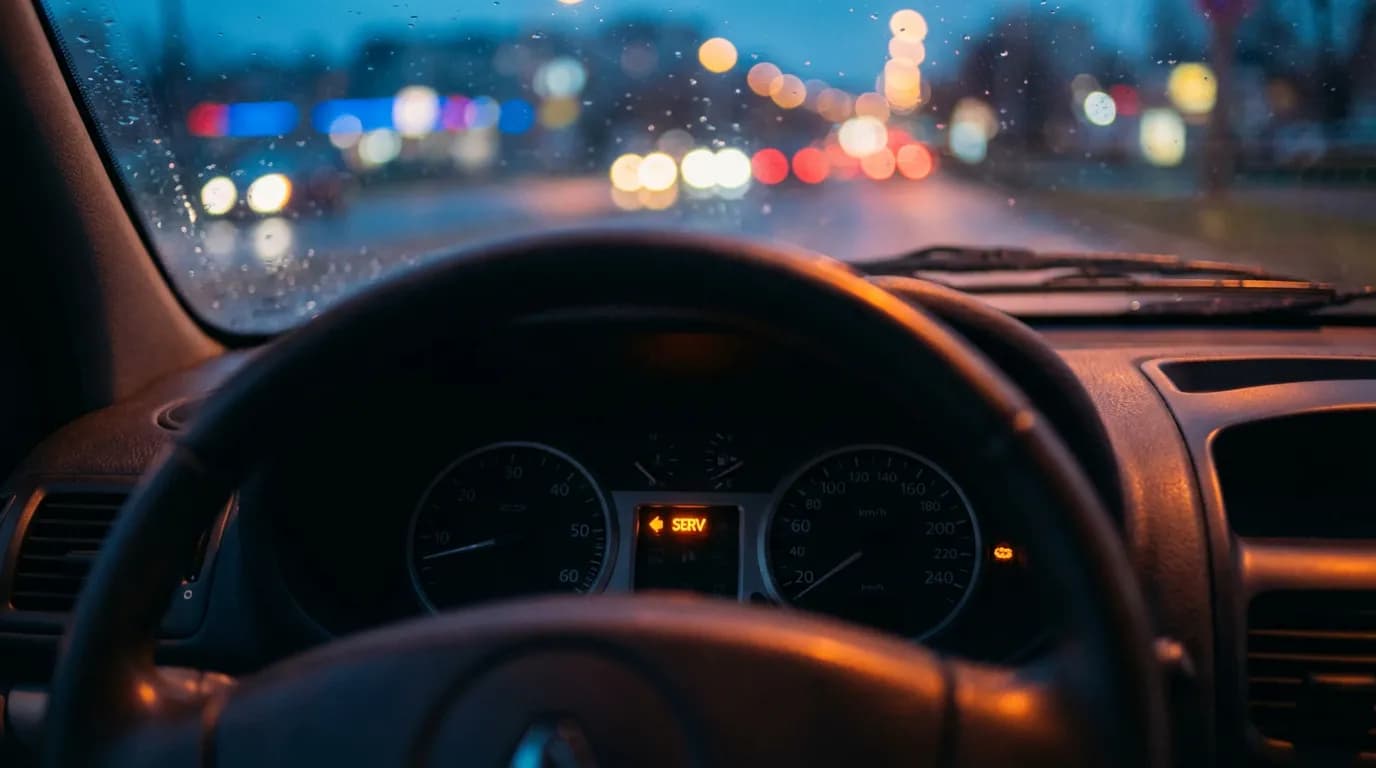 Gros plan cinématique du tableau de bord d'une Renault Clio 2 au crépuscule, avec le voyant SERV orange vivement allumé, créant une atmosphère de suspense.