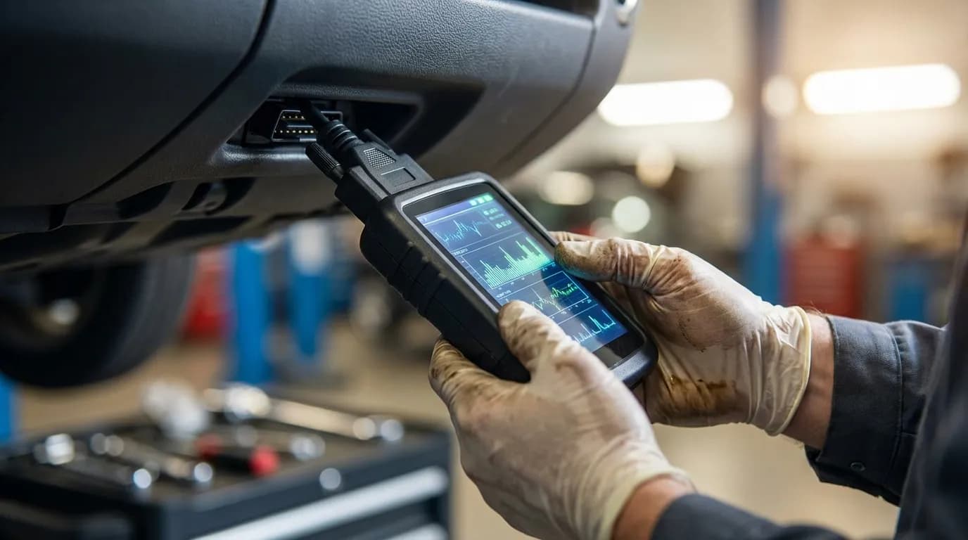 Un mécanicien effectuant un diagnostic électronique en branchant un lecteur OBD2 sur une Renault Clio 2 pour analyser la panne du voyant SERV.