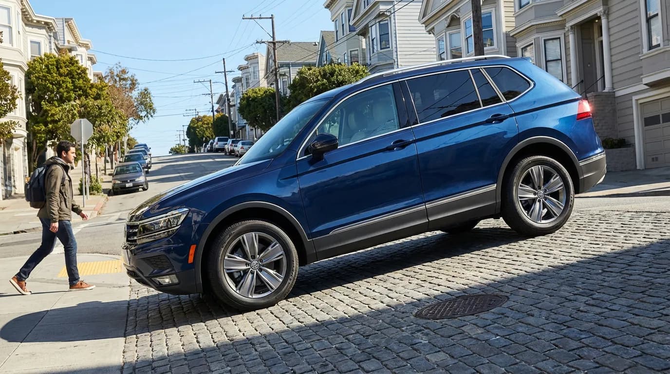 Une Volkswagen Tiguan maintenue à l'arrêt dans une forte pente sans que le conducteur appuie sur le frein, illustrant le fonctionnement de l'Auto Hold.