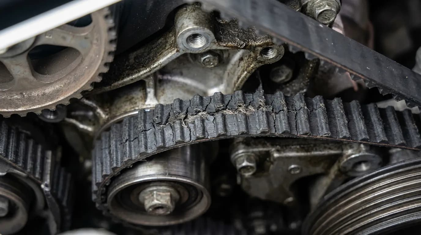 Illustration macro et réaliste d'une courroie de distribution usée sur un moteur 1.2 VTi, un des problèmes de fiabilité connus.