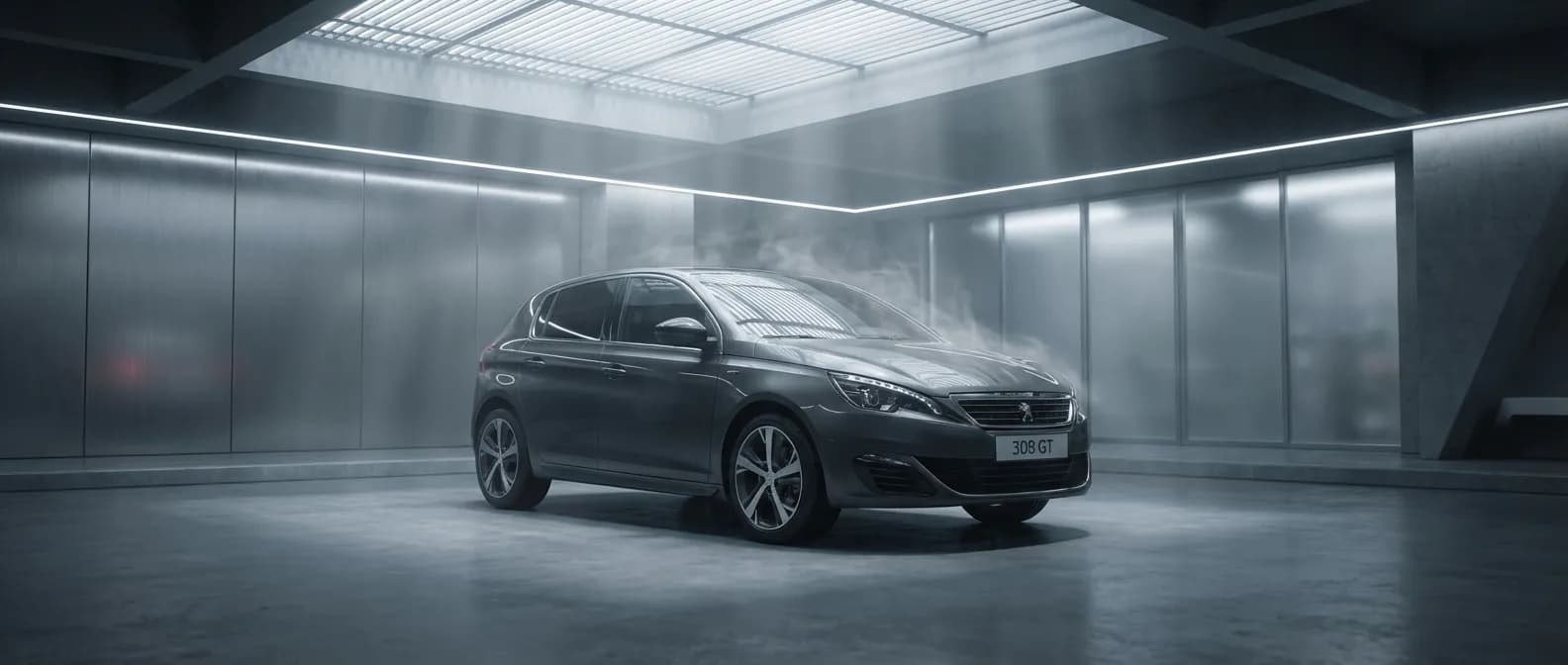 Peugeot 308 GT garée dans un garage high-tech avec éclairage doux, suggérant la complexité mécanique et l'entretien.