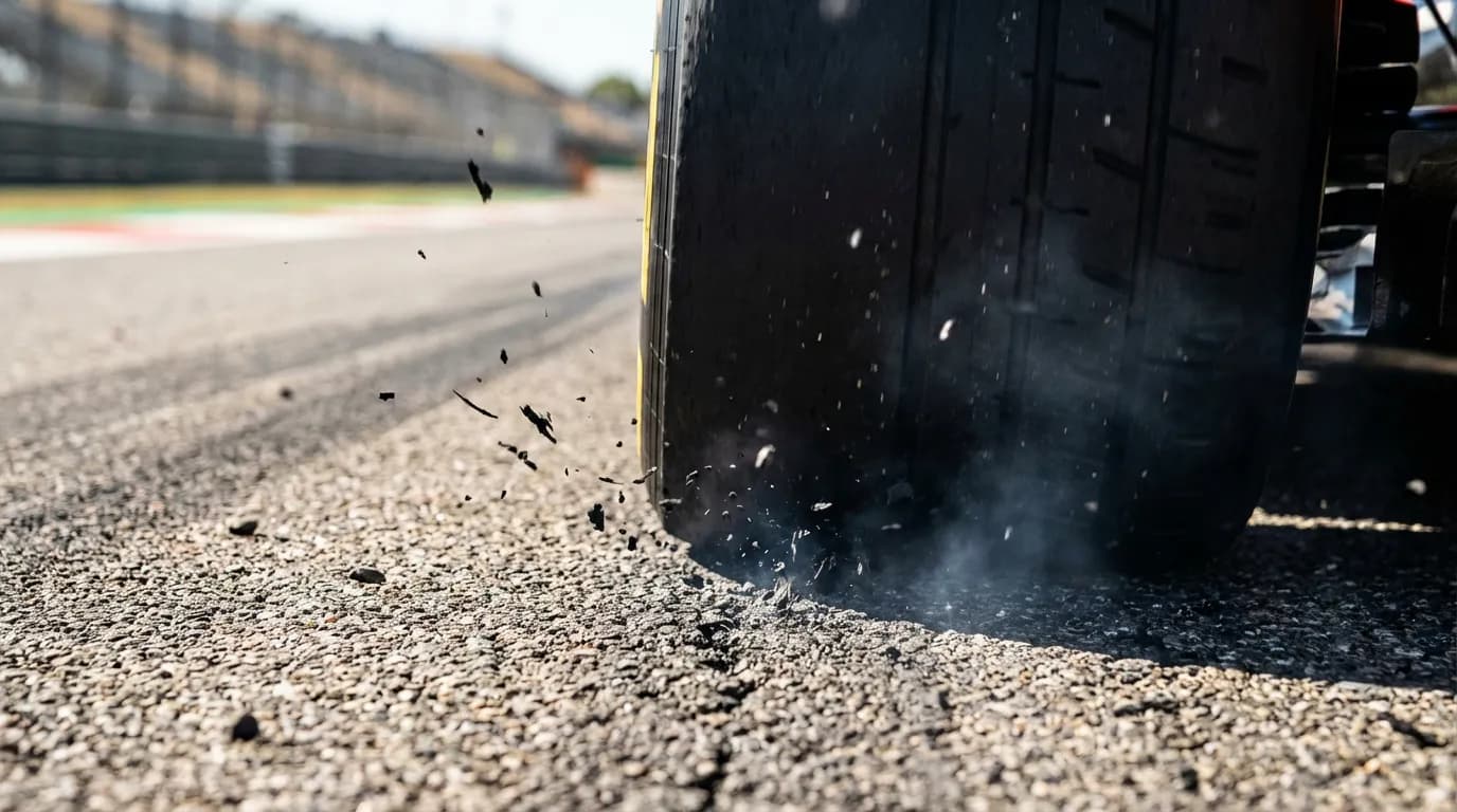 Gros plan macro d'un pneu Rovelo en pleine action sur un circuit, illustrant l'analyse de ses performances en conditions extrêmes.