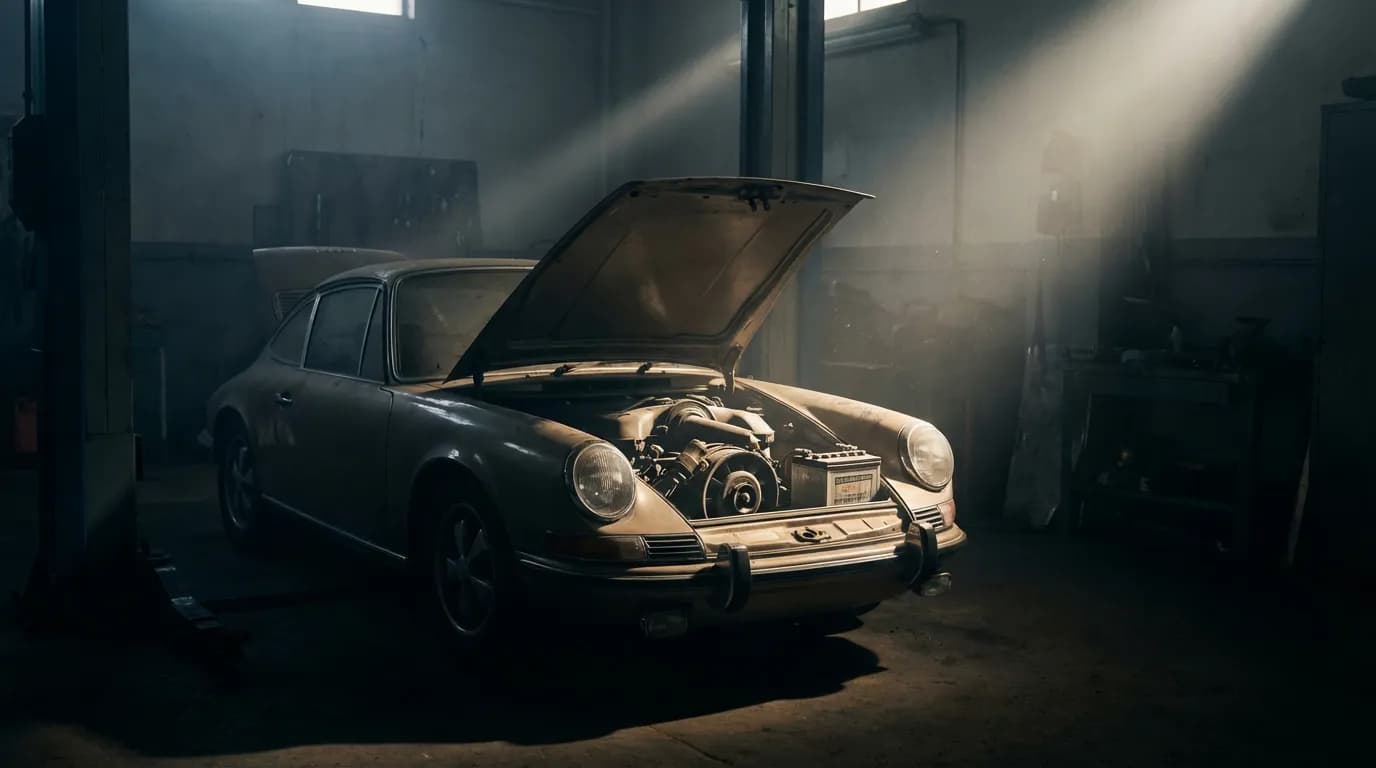 Bannière cinématique d'une voiture de sport dans un garage sombre, le capot ouvert, avec un faisceau lumineux dramatique éclairant la batterie, symbolisant le diagnostic d'une panne électrique.