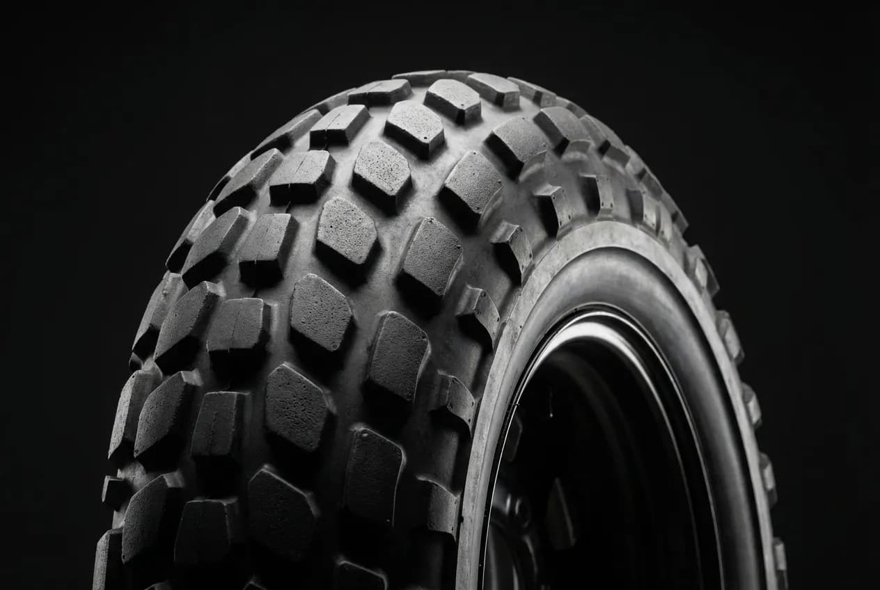 Gros plan iconique du pneu arrière large et cranté d'une Yamaha TW 125 sur fond sombre, mettant en avant son design unique.