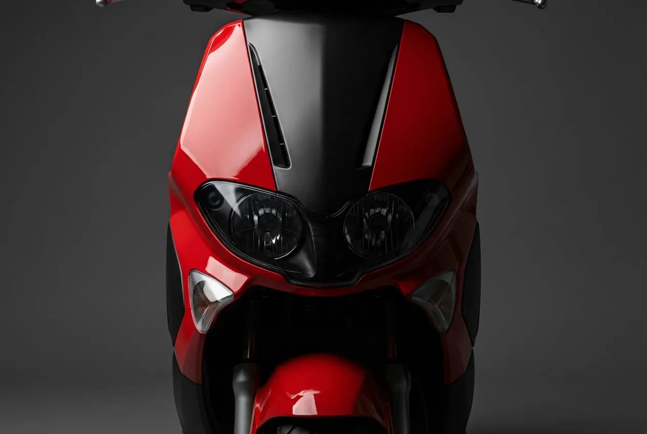 Gros plan sur les phares emblématiques et le carénage d'un scooter Gilera Runner 180, sur fond neutre, illustrant son design unique.