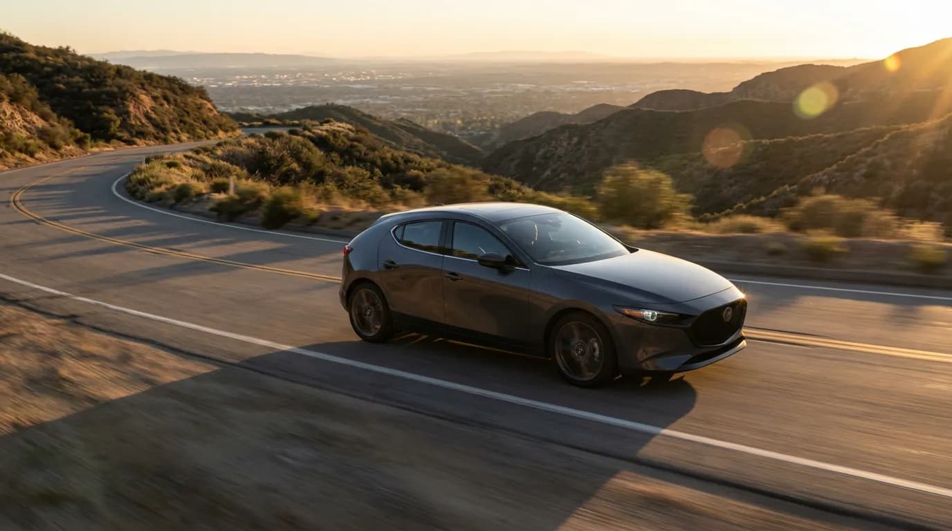 Une voiture moderne de 105 chevaux roulant sur une route de montagne au coucher du soleil, illustrant le calcul des chevaux fiscaux.