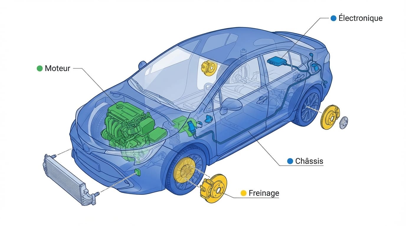 Schéma technique des points de contrôle et d'inspection d'un véhicule d'occasion