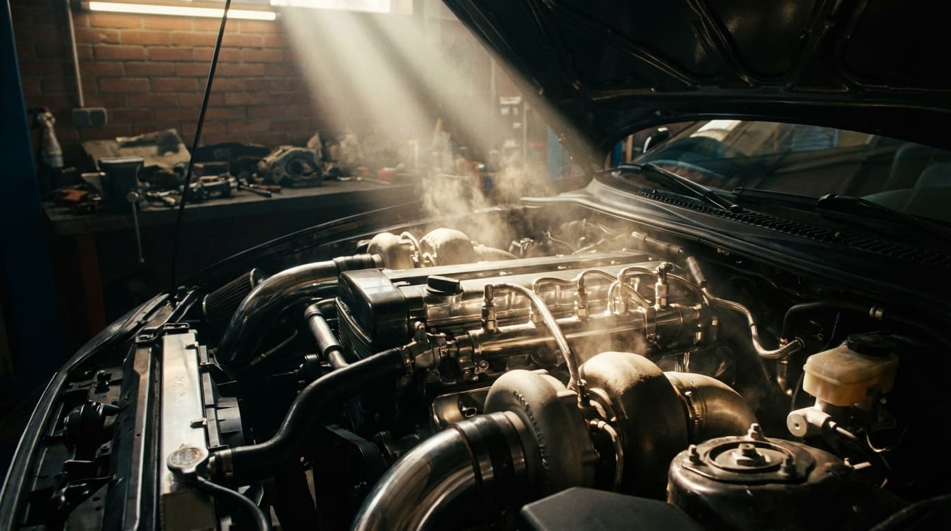 Moteur diesel moderne avec éclairage dramatique soulignant le système d'injection.