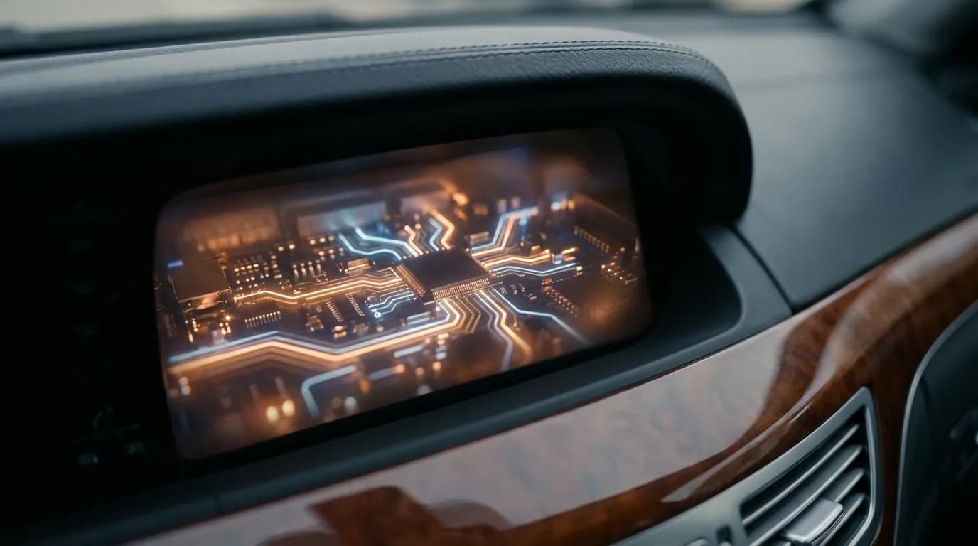 Vue cinématographique des circuits électroniques lumineux d'un boîtier UCH intégré dans le tableau de bord d'une voiture de luxe, symbolisant l'intelligence du véhicule.