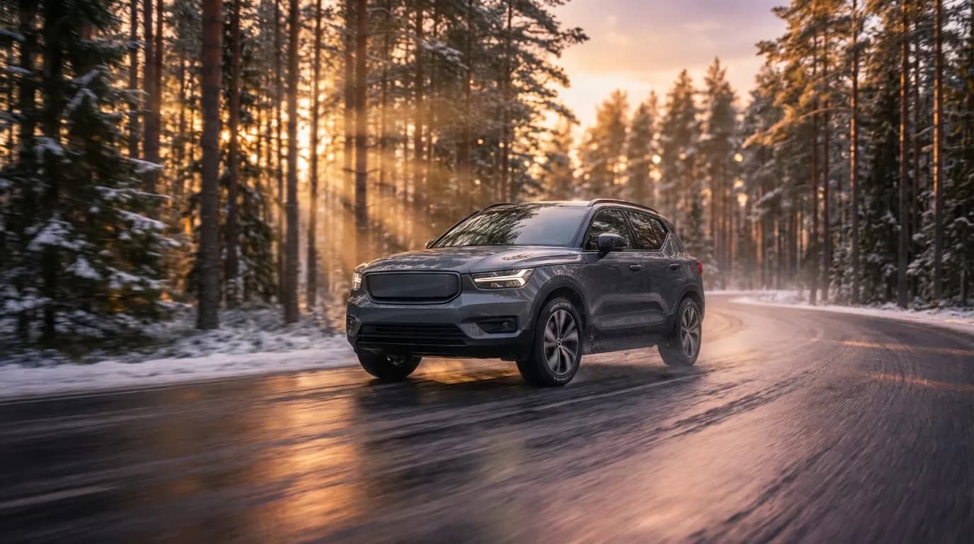 Une voiture SUV moderne équipée de pneus Nokian roulant sur une route sinueuse et humide dans une forêt finlandaise au coucher du soleil, démontrant l'adhérence et la performance.