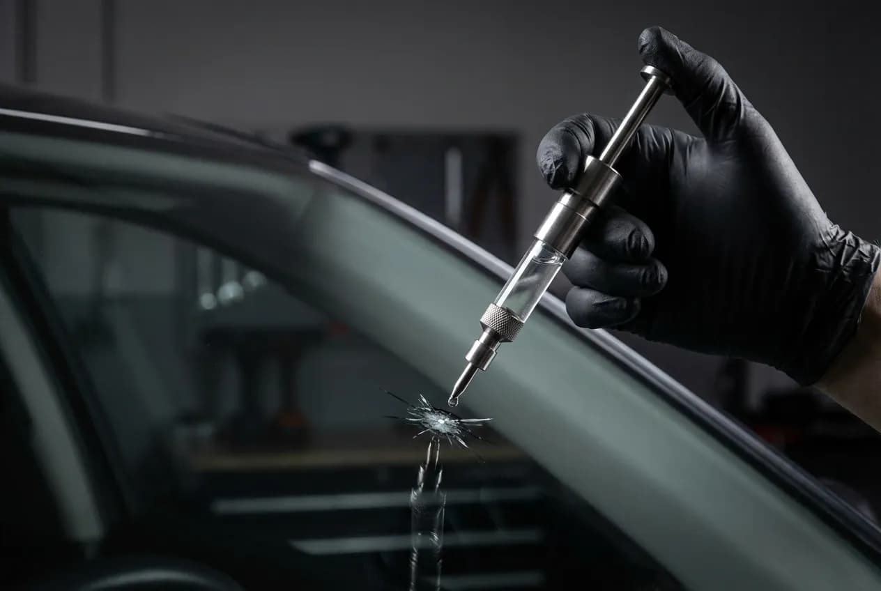 Main d'un technicien utilisant un outil de précision pour injecter de la résine dans un impact sur un pare-brise.