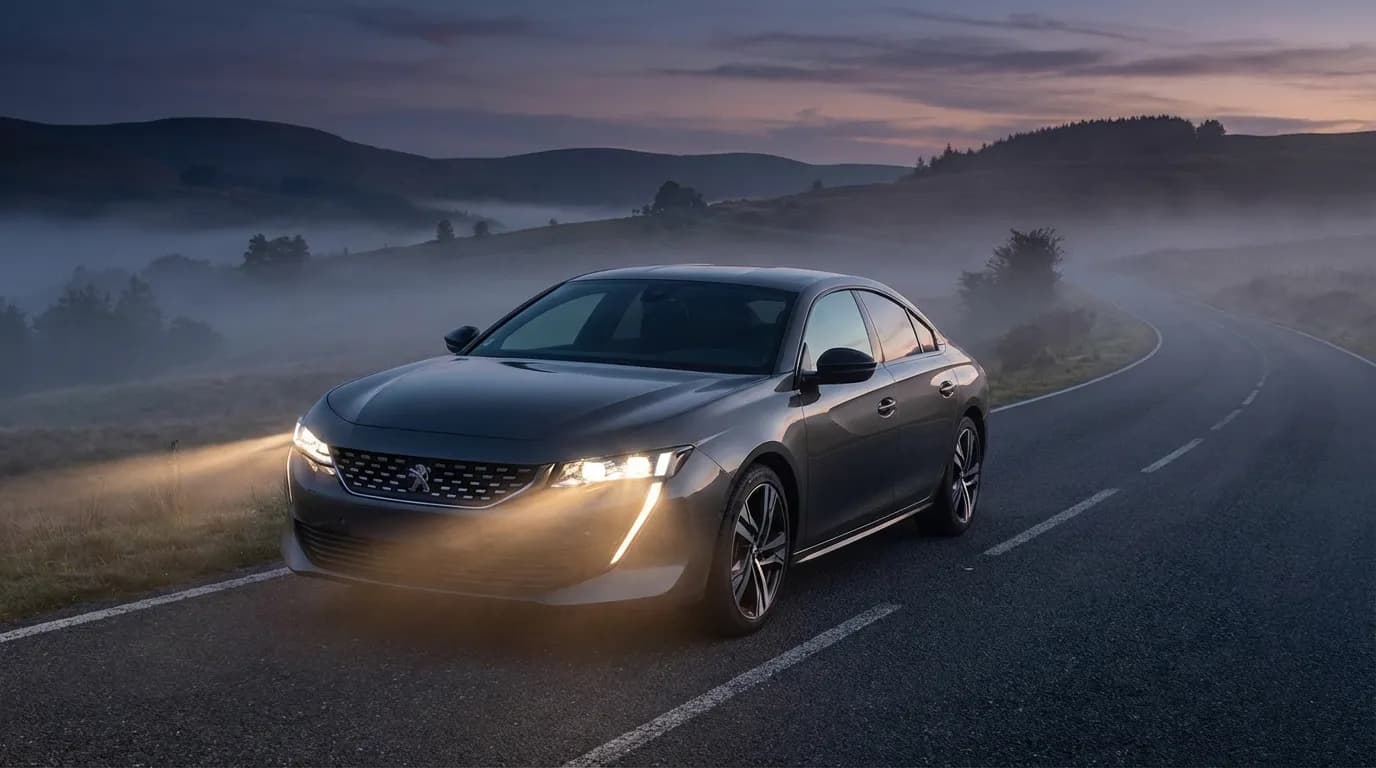 Une Peugeot moderne sur une route au crépuscule, évoquant la complexité mécanique liée au code d'erreur P0299.