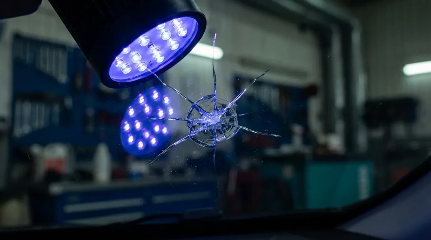 Lampe à UV utilisée pour durcir la résine lors de la réparation d'un impact sur un pare-brise, illustrant le processus technique.