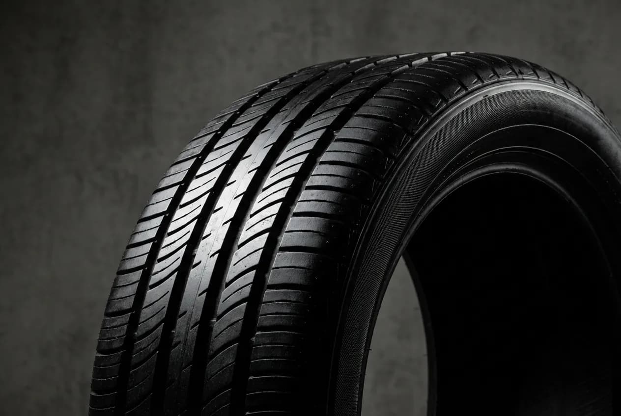 Gros plan d'un pneu Nexen neuf en studio avec un éclairage dramatique qui révèle la texture et le dessin de la bande de roulement.