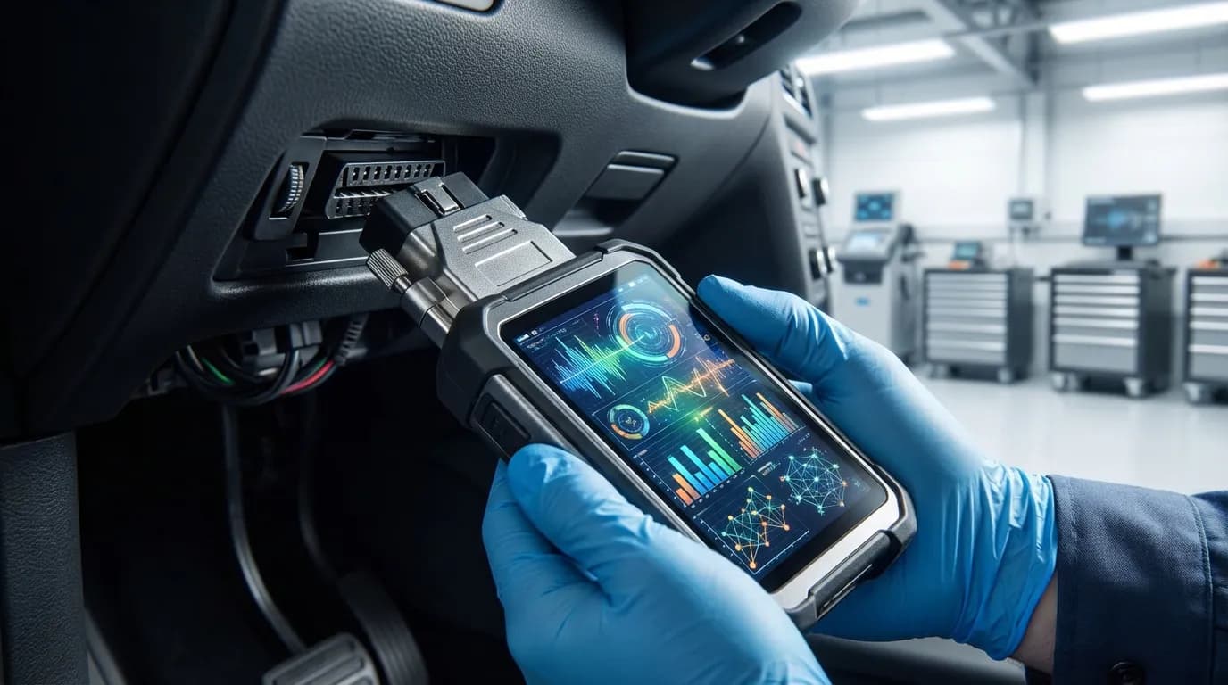 Un technicien automobile effectuant un diagnostic électronique sur une voiture à l'aide d'un outil OBD pour identifier une panne du boîtier UCH.