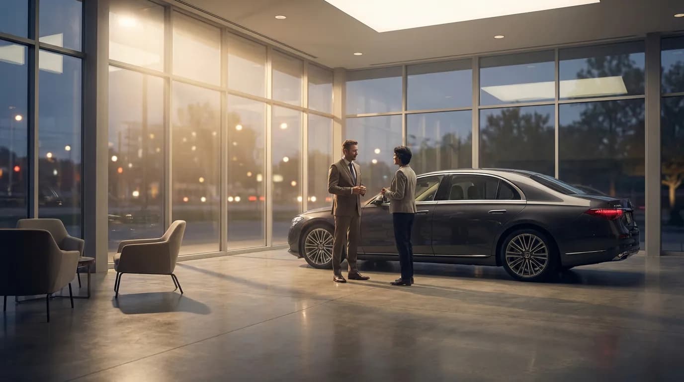 Un conseiller et un client discutent dans une agence automobile haut de gamme BH Car, illustrant un avis professionnel sur le service.