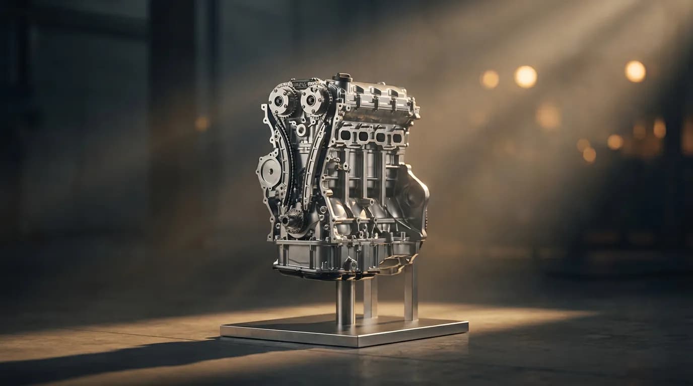 Vue cinématique d'un moteur 1.6 PureTech 180 exposé, avec un focus sur la chaîne de distribution métallique brillante.