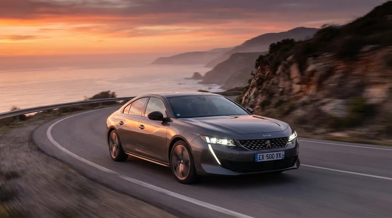 Vue cinématique d'une voiture moderne équipée de la boîte automatique EAT6 roulant avec fluidité sur une route de montagne au coucher du soleil, symbolisant la fiabilité.