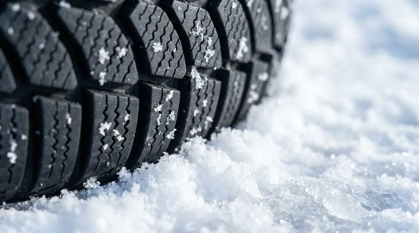 Illustration macro d'un pneu hiver Sunny, montrant les lamelles du pneu mordant dans la neige fraîche pour une adhérence maximale.
