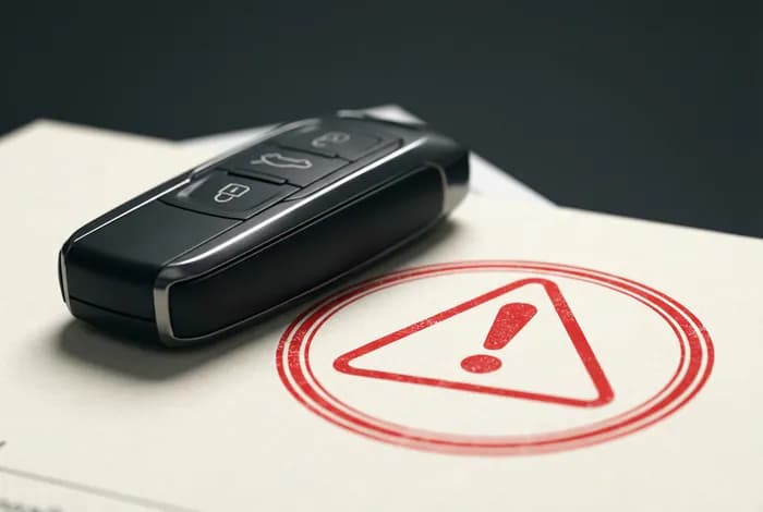 Clé de voiture et document officiel avec un tampon rouge d'avertissement, représentant les complications légales d'un achat de voiture sans contrôle technique.