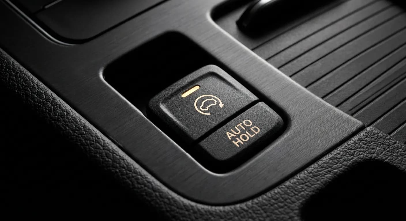 Bouton Auto Hold éclairé sur la console centrale d'une Volkswagen, vue macro
