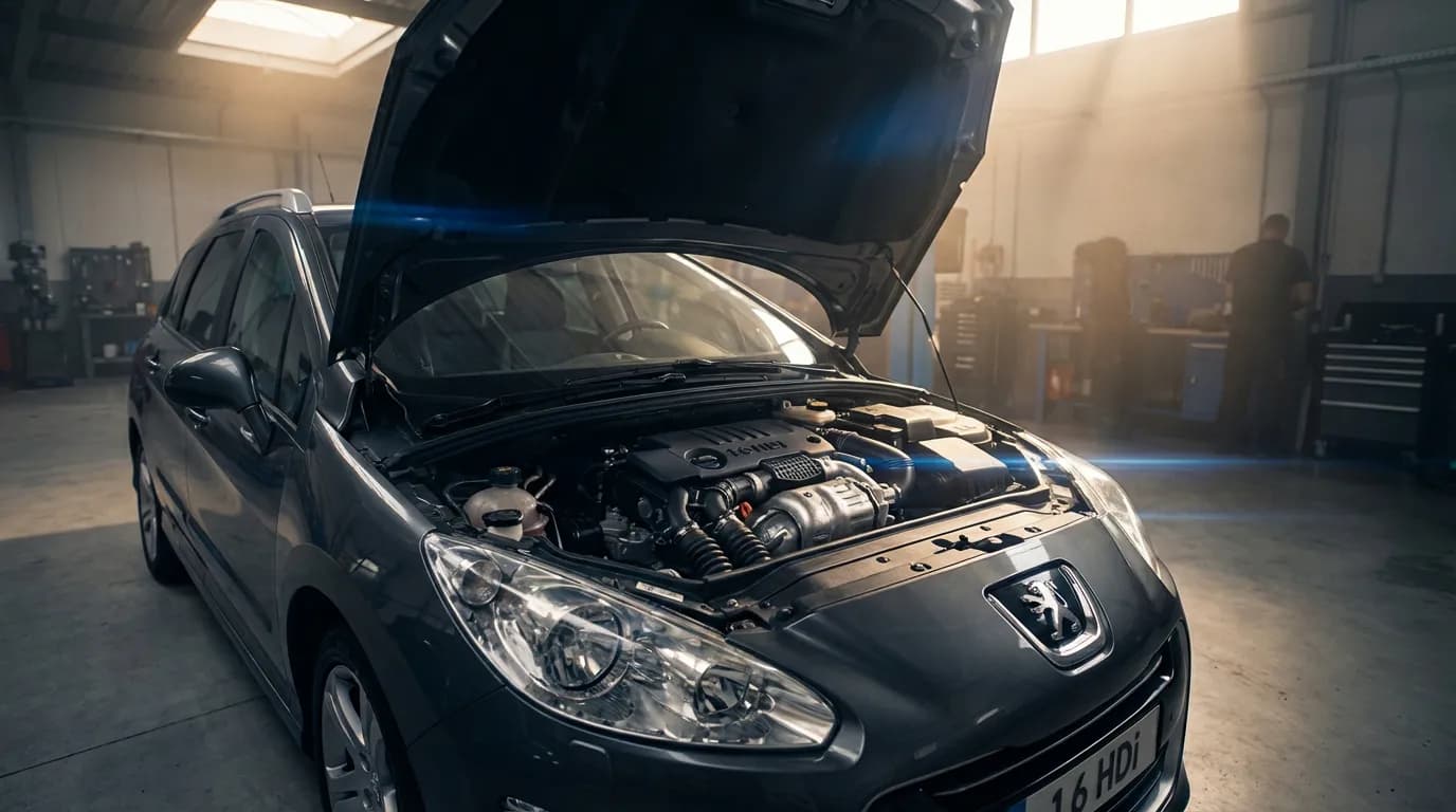 Bannière cinématique montrant le moteur 1.6 HDi d'une voiture moderne, capot ouvert dans un garage, illustrant l'analyse de sa fiabilité.
