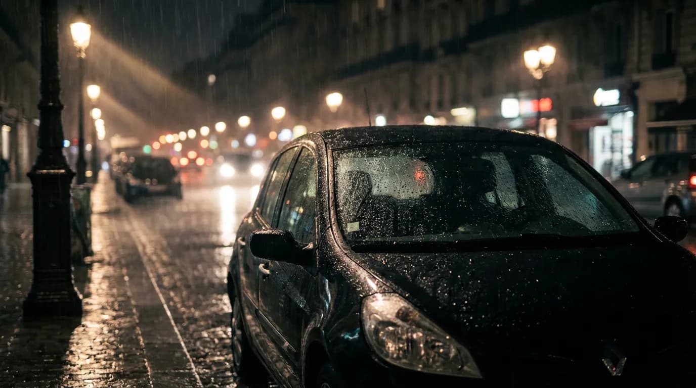 Vue cinématographique d'une Renault Clio 3 sous une pluie battante la nuit, mettant en évidence le pare-brise couvert de gouttes d'eau.