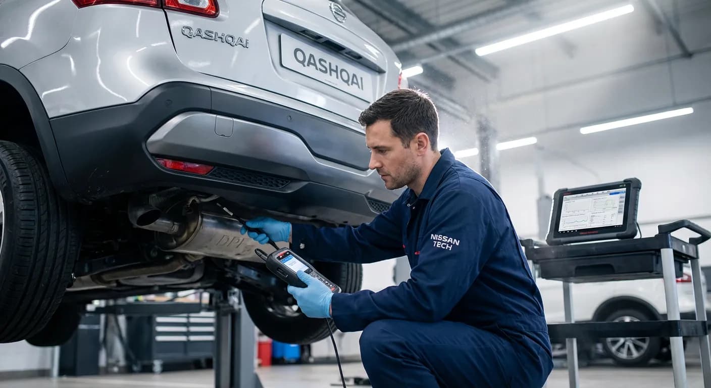 Mécanicien réparant le FAP d'une Nissan, solution au code erreur P2002.