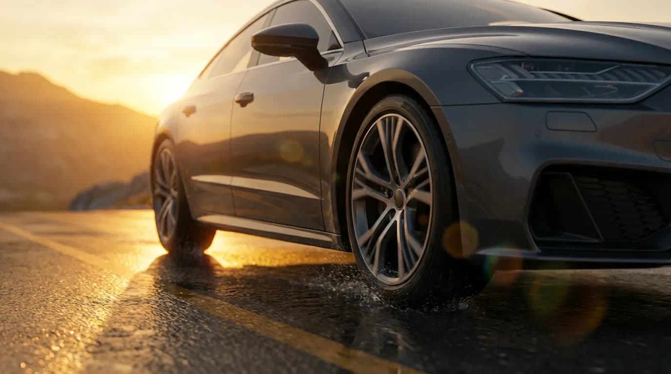 Vue cinématique d'une voiture roulant sur une route mouillée au coucher du soleil, mettant en avant l'adhérence et la performance des pneus Rovelo.
