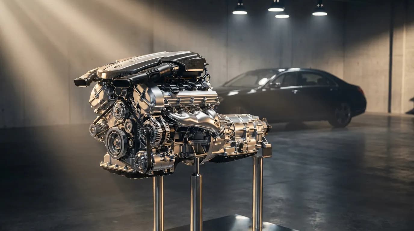 Vue cinématique d'un ensemble moteur et boîte de vitesses impeccablement propre et détaillé, symbolisant la protection offerte par une garantie moteur boîte pont.