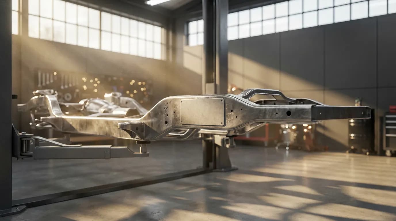 Vue cinématographique d'un châssis de voiture de collection dans un garage moderne, éclairage dramatique mettant en lumière la zone de la frappe à froid.