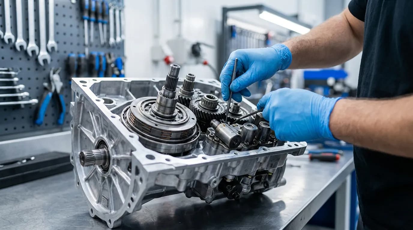 Vue macro d'un mécanicien expert effectuant l'entretien et la vidange sur une boîte de vitesses automatique EAT6 ouverte.