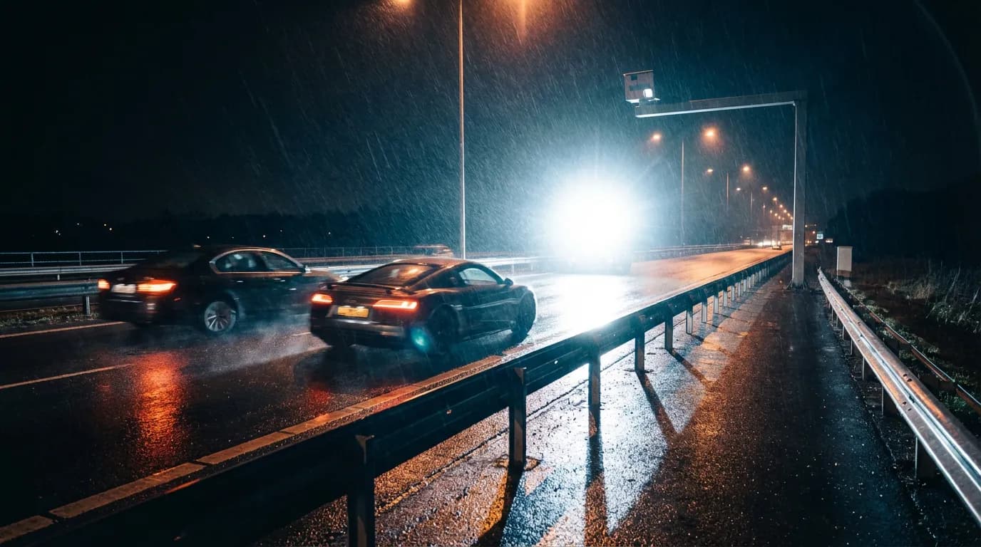 Deux voitures sur une autoroute de nuit, l'une doublant l'autre, saisies par le flash puissant et soudain d'un radar automatique, créant une scène cinématique et tendue.