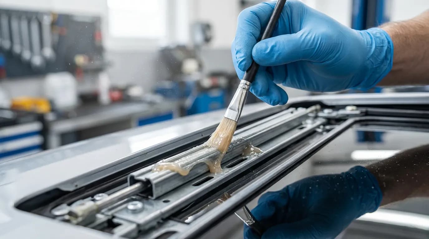 Application de lubrifiant sur les glissières du toit ouvrant d'une Golf 7 pour l'entretien préventif.