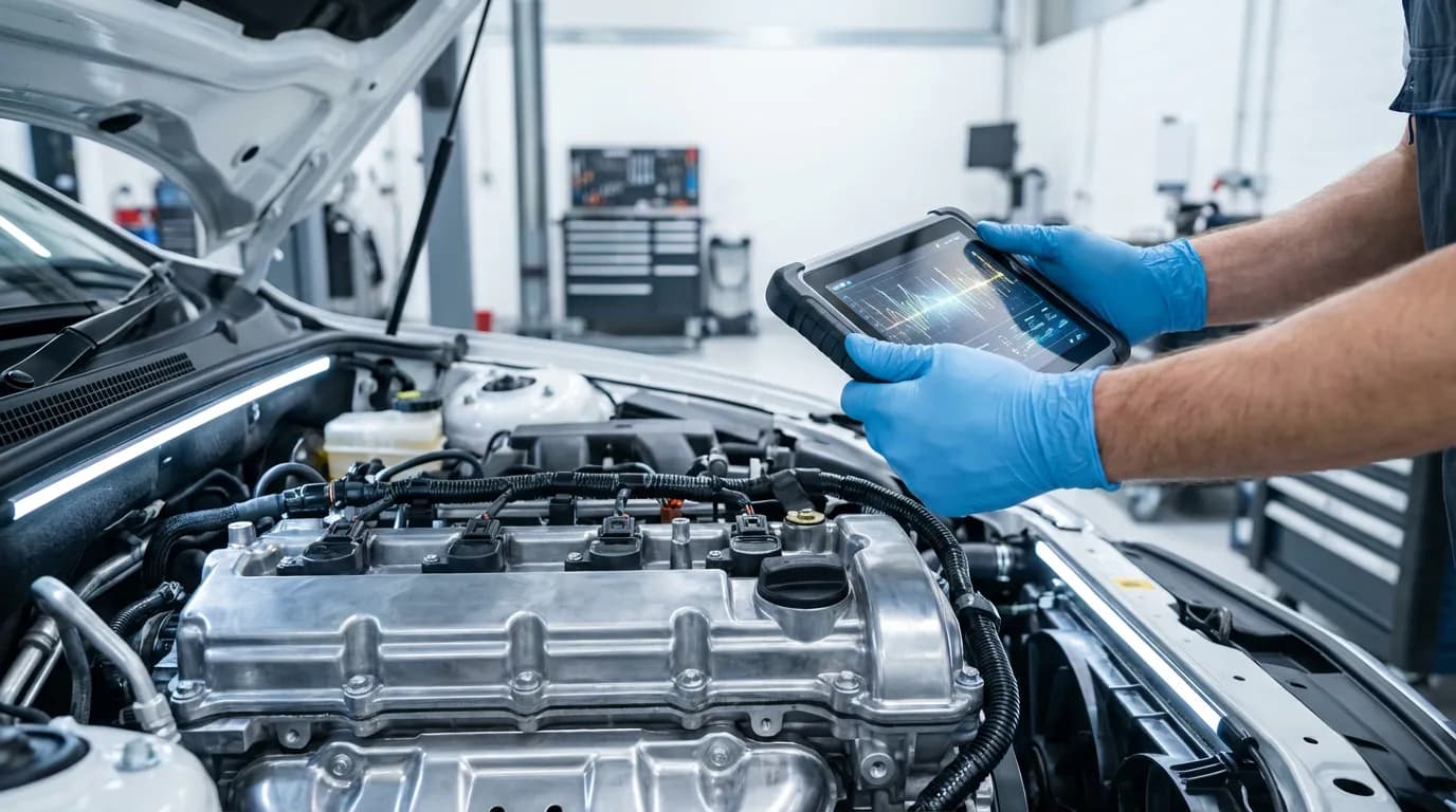 Un mécanicien expert utilise un outil de diagnostic sur un moteur pour faire jouer la garantie moteur boîte pont en cas de panne.