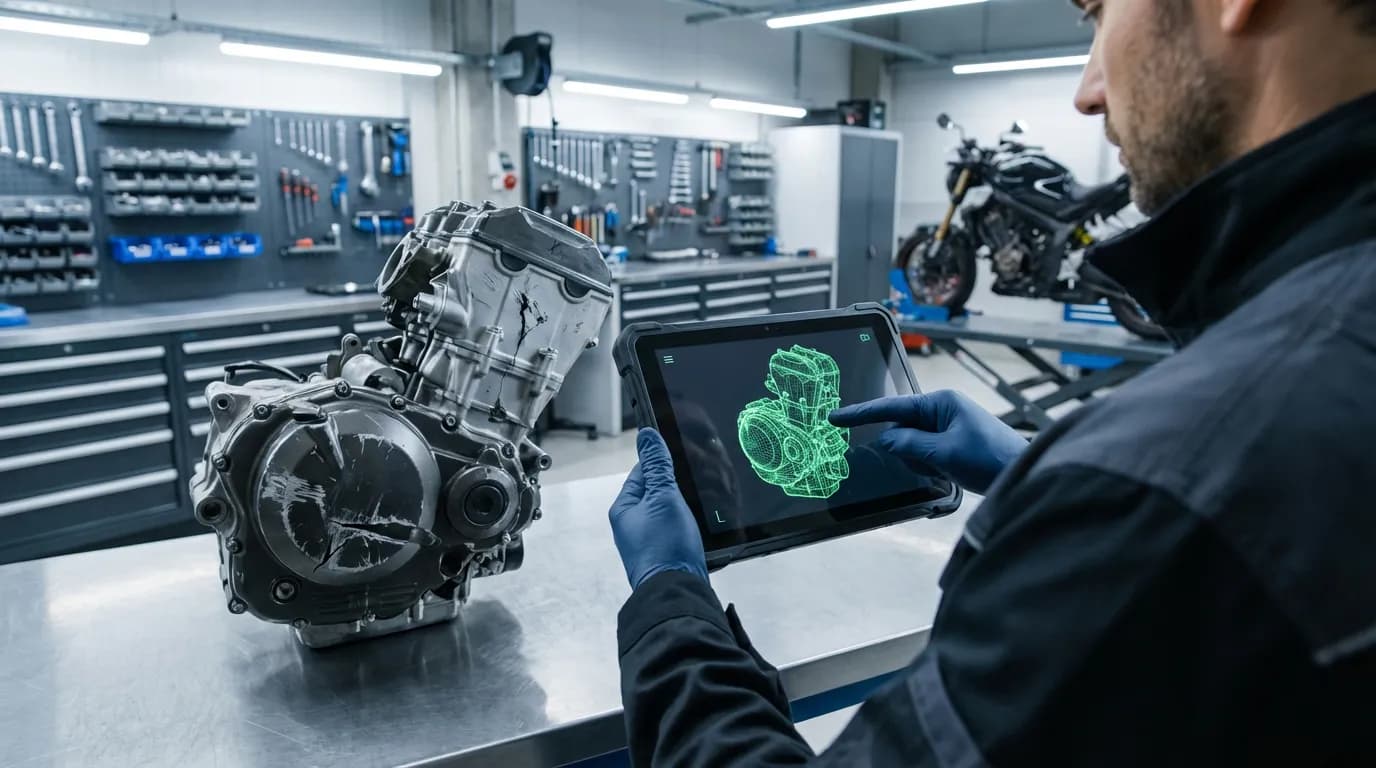 Un expert en automobile analyse les dégâts d'une moto en comparant la pièce réelle à un modèle 3D sur tablette, illustrant le rôle de l'expert dans la PRC.