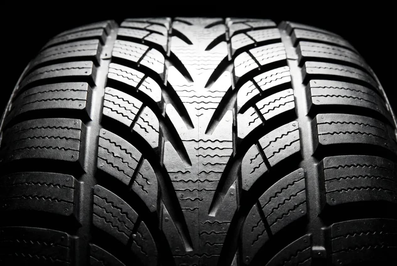 Gros plan en macro d'un pneu Nokian neuf, mettant en évidence la texture et le design complexe de la bande de roulement sur un fond noir.