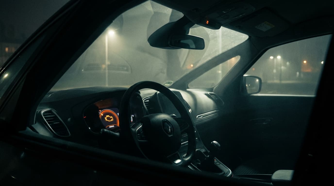 Tableau de bord de Renault Scenic avec témoin d'alerte moteur allumé