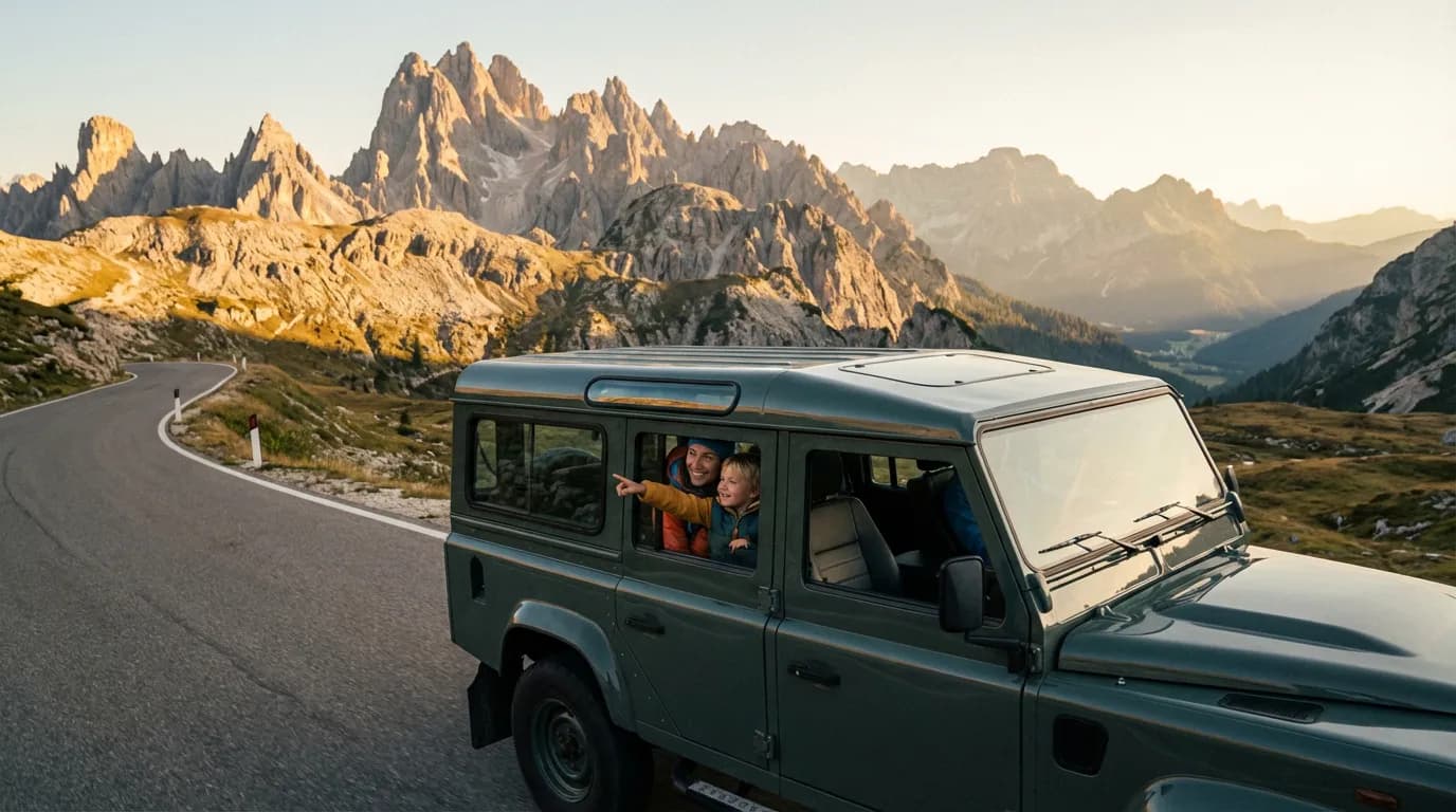 Vue cinématique d'un véhicule familial à 3 places avant roulant sur une route de montagne au coucher du soleil.