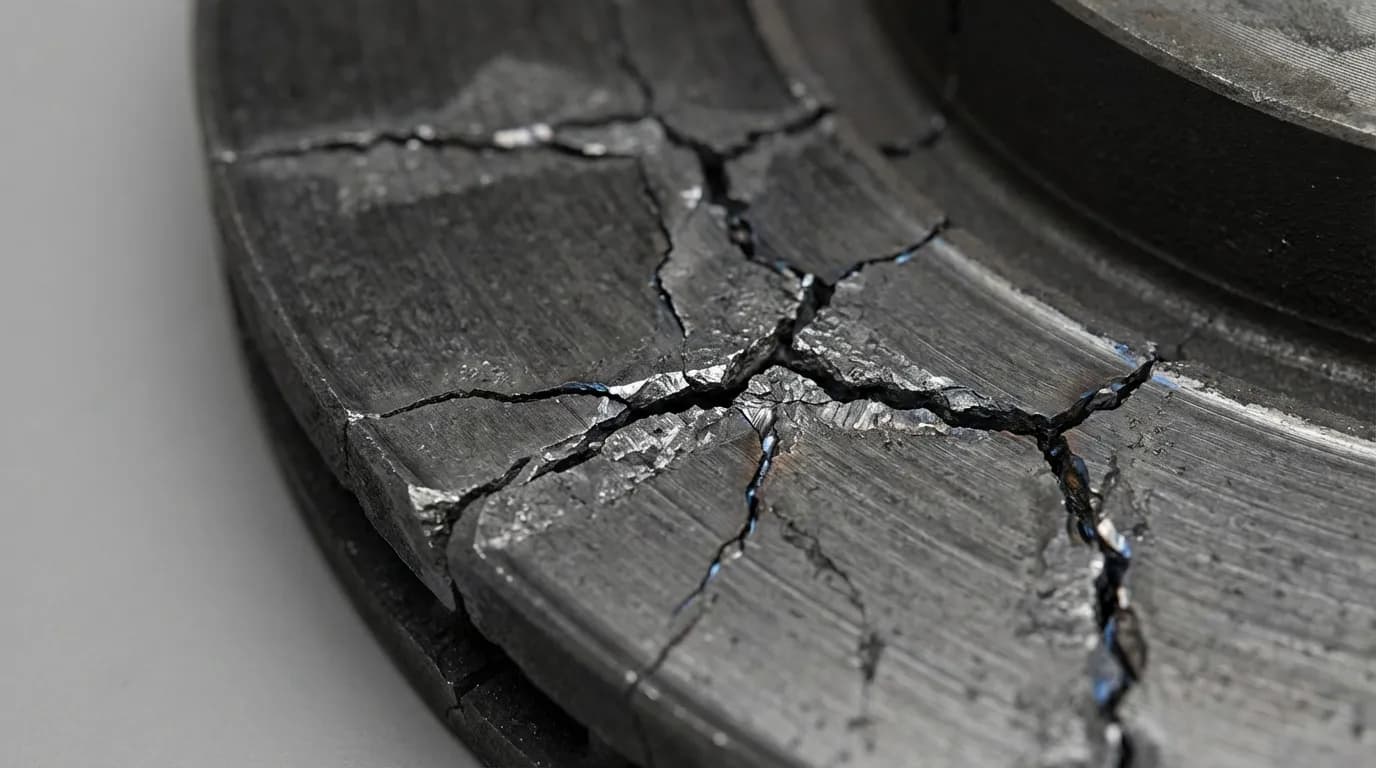 Photographie macro d'un disque de frein de voiture gravement fissuré, illustrant les risques mécaniques mortels d'un mauvais entretien.
