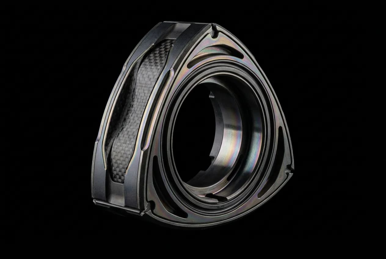 Gros plan sur un composant clé d'un moteur rotatif futuriste, symbolisant la technologie potentielle de la Mazda RX-6.