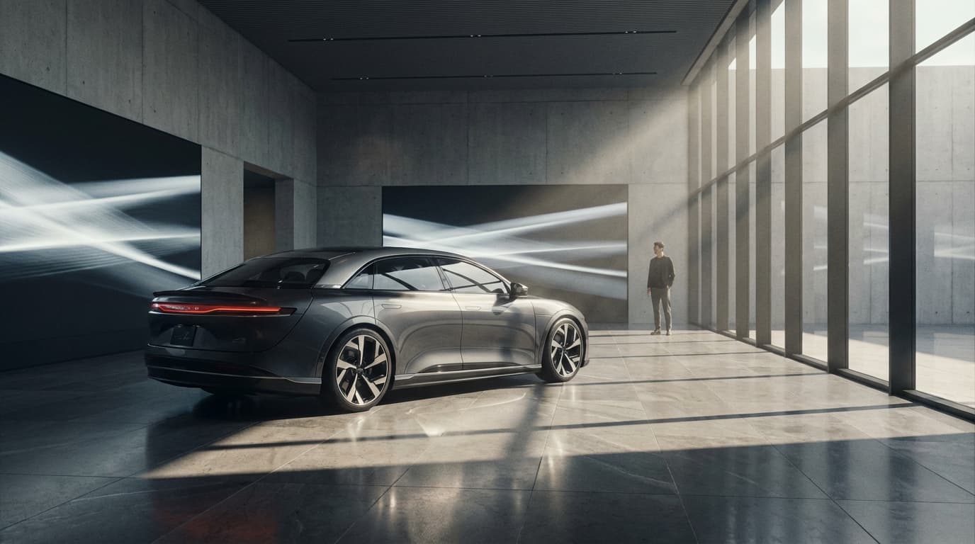 Vue cinématique d'une voiture de luxe dans un showroom moderne avec éclairage dramatique