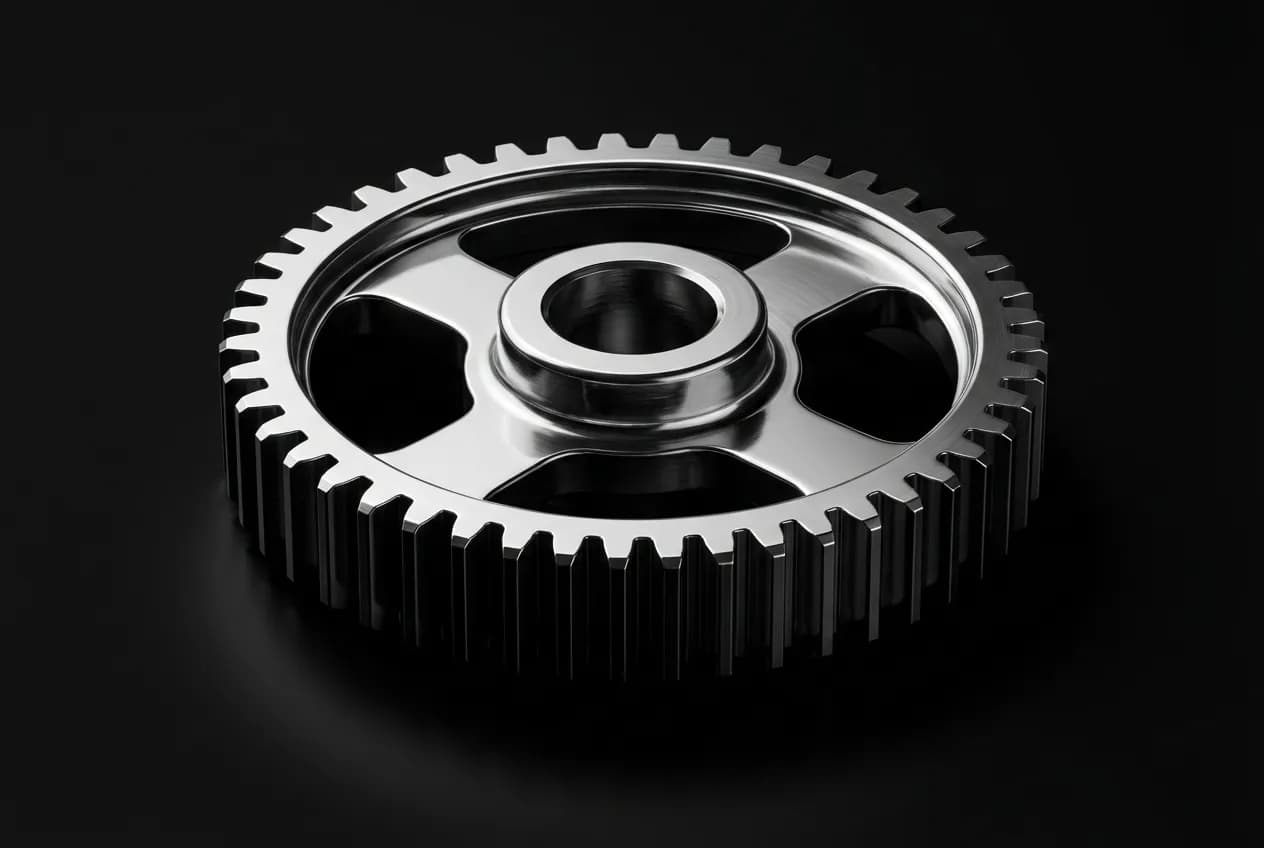 Gros plan minimaliste d'un engrenage de boîte de vitesses symbolisant la garantie des pièces auto.