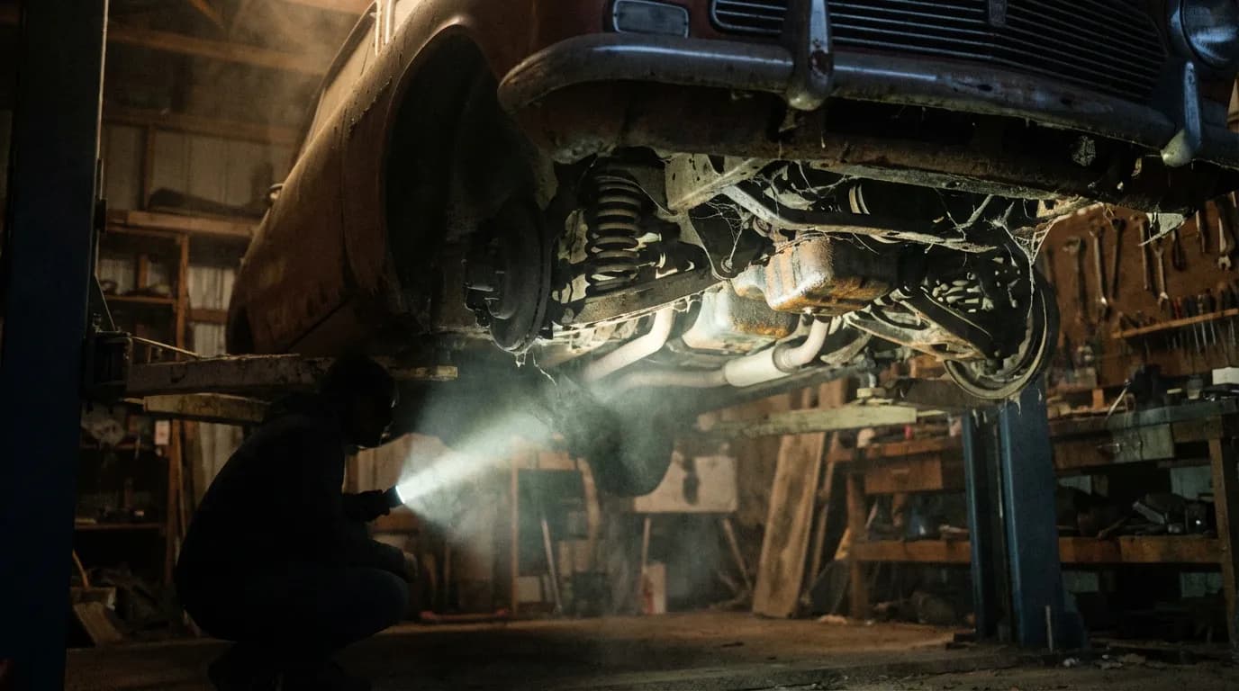 Personne inspectant avec une lampe torche une voiture ancienne dans un garage sombre, symbolisant l'examen des risques avant d'acheter un véhicule sans contrôle technique.