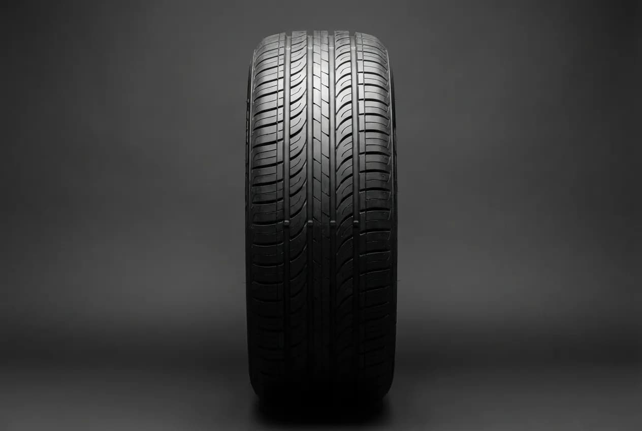 Gros plan d'un pneu Rovelo neuf sur fond sombre, le design de la bande de roulement est mis en valeur par un éclairage de studio.