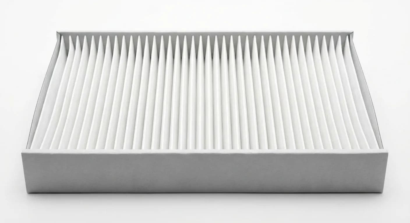 Image iconique et minimaliste d'un filtre à air de voiture, propre et neuf, mis en évidence par un éclairage de studio.